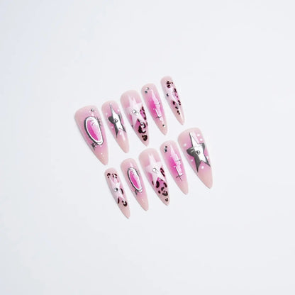 24 Pcs Y2K Gradient Stiletto Press on Nails, Star & Leopard Print, Silver Color Rhinestone Charms, False Nails for Party, Removable False Nails