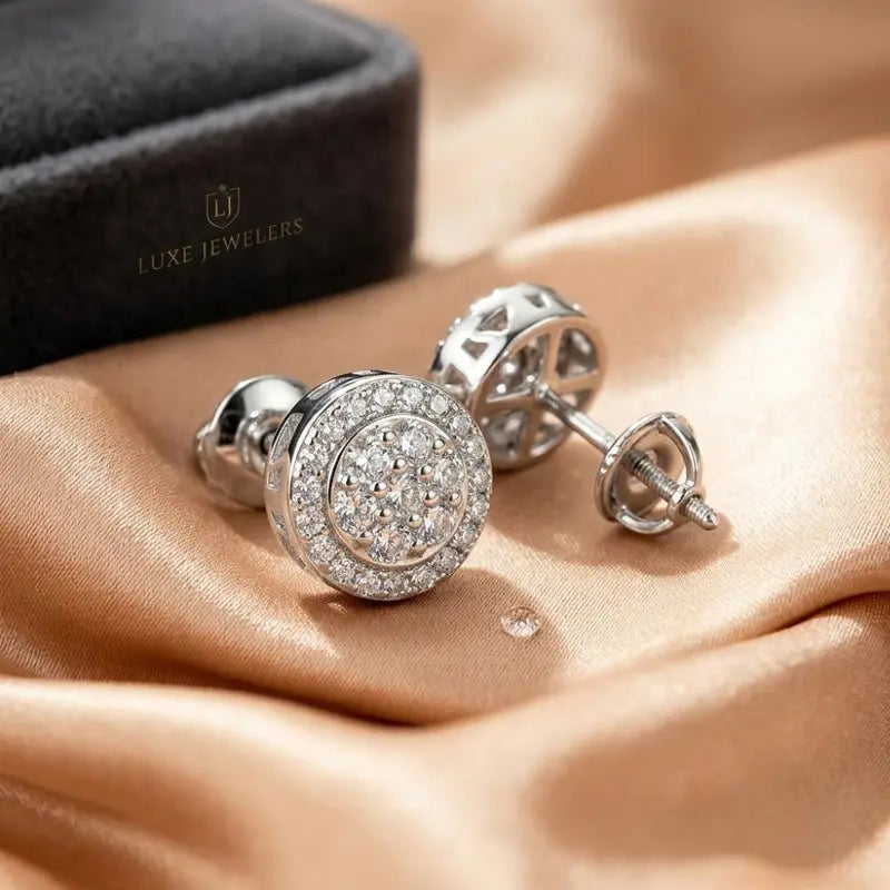 Moissanite Stud Earrings for Men Women 14K Gold Plated S925 Sterling Silver 6mm Round Halo Cluster Iced Out, Hypoallergenic Secure Friction Backs for Everyday & Special Occasions with Gift Box