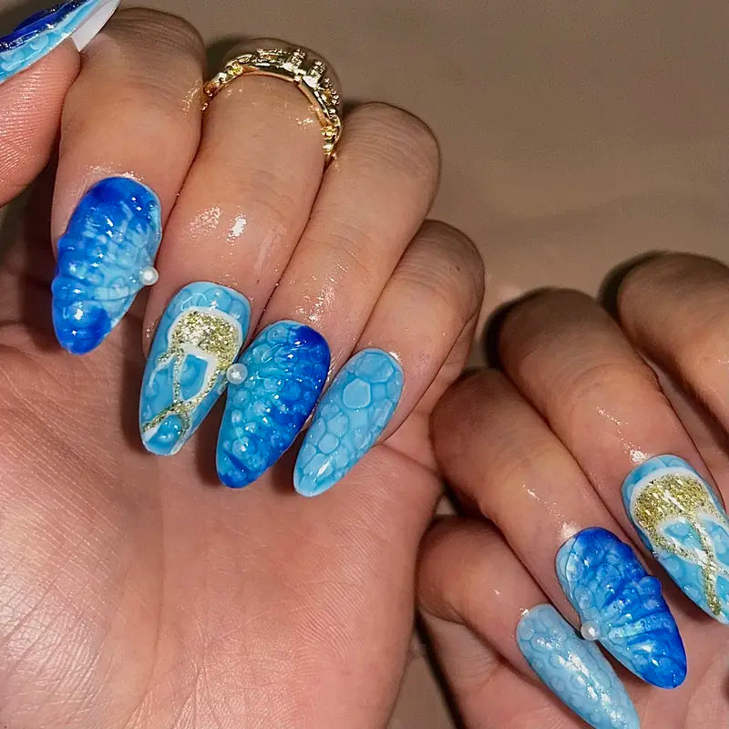 10Pcs Handmade Press On Nails Reusable Medium Handmade Acrylic Press Nails New Summer Collection, Cute Elegant Luxury Cat Eye Design, Ocean Inspired, High Quality Soft Sophisticated Look for Women Nail Art