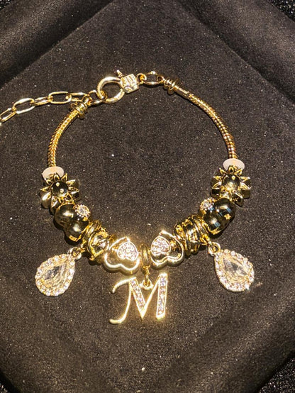 Women's Gold Tone Mixed Charm Beaded Bracelet A Z Initial Letters Available, Fashion Costume Jewelry Gift