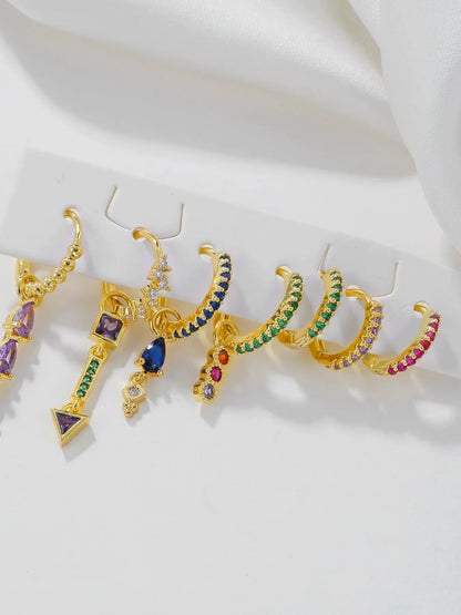Women's Style Earrings Set, Colorful Zirconia Hoop & Dangle Ear Cuffs, Light Luxury Design, Trendy Jewellery Accessories, Elegant Women Jewelry Accessories, Statement Earrings, Versatile Earrings, Trendy Fashionable Accessories