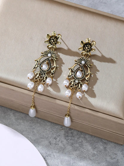 Vintage Palace Style Pearl Embellished Fringe Long Dangly Earrings, Dangle Earring, Elegant Ancient Style Women's Party Vacation Unique Earrings, Pair Earrings Jewelry