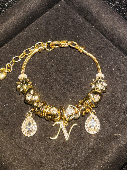 Women's Gold Tone Mixed Charm Beaded Bracelet A Z Initial Letters Available, Fashion Costume Jewelry Gift