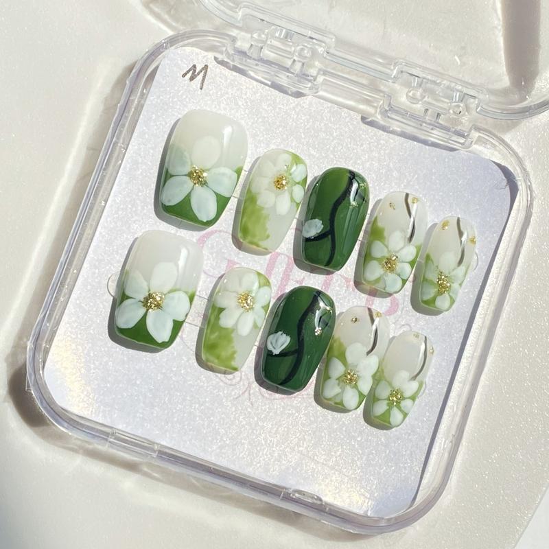 10Pcs Handmade Press On Nails Reusable Medium Handmade Acrylic Press Nails New Summer Collection, Cute Elegant Luxury Cat Eye Design, Ocean Inspired, High Quality Soft Sophisticated Look for Women Nail Art