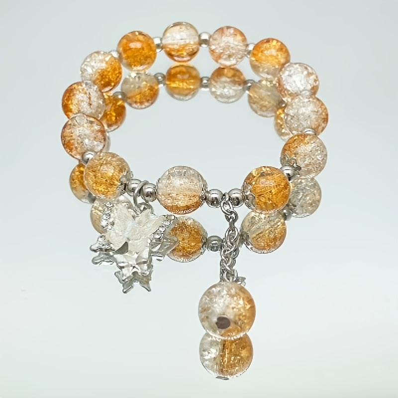 1pc Fashionable Elegant Exquisite Girly Style Double Butterfly Glass Bead Bracelet, Suitable for Spring Summer Wear And Gift
