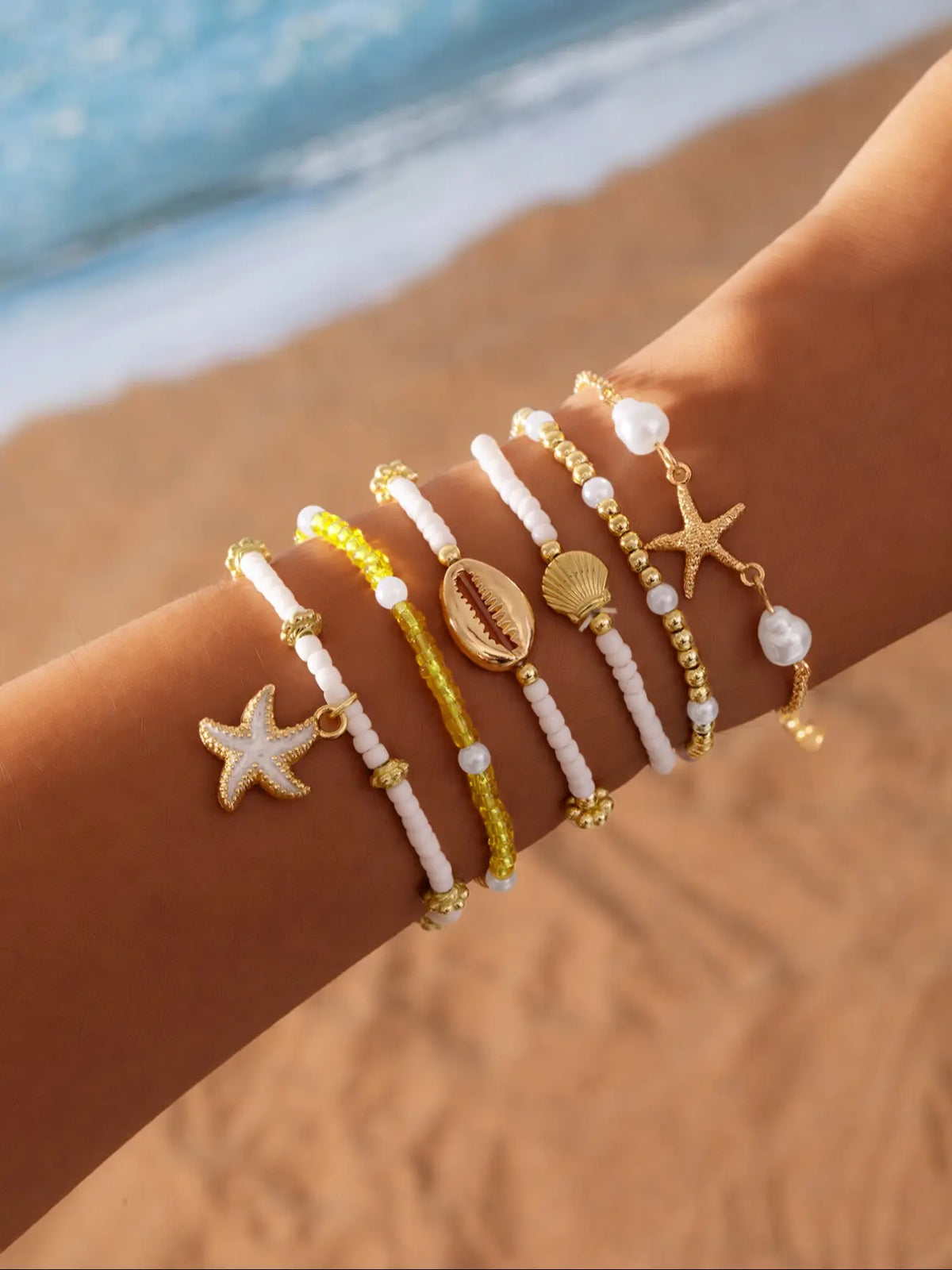 Vintage Shell Beaded Mix Bracelets Set, 6 Pcs Multi-Layer Oil Drop Starfish Jewelry Boho Style Bangles for Casual Vacation Wear Layered Bracelet Set