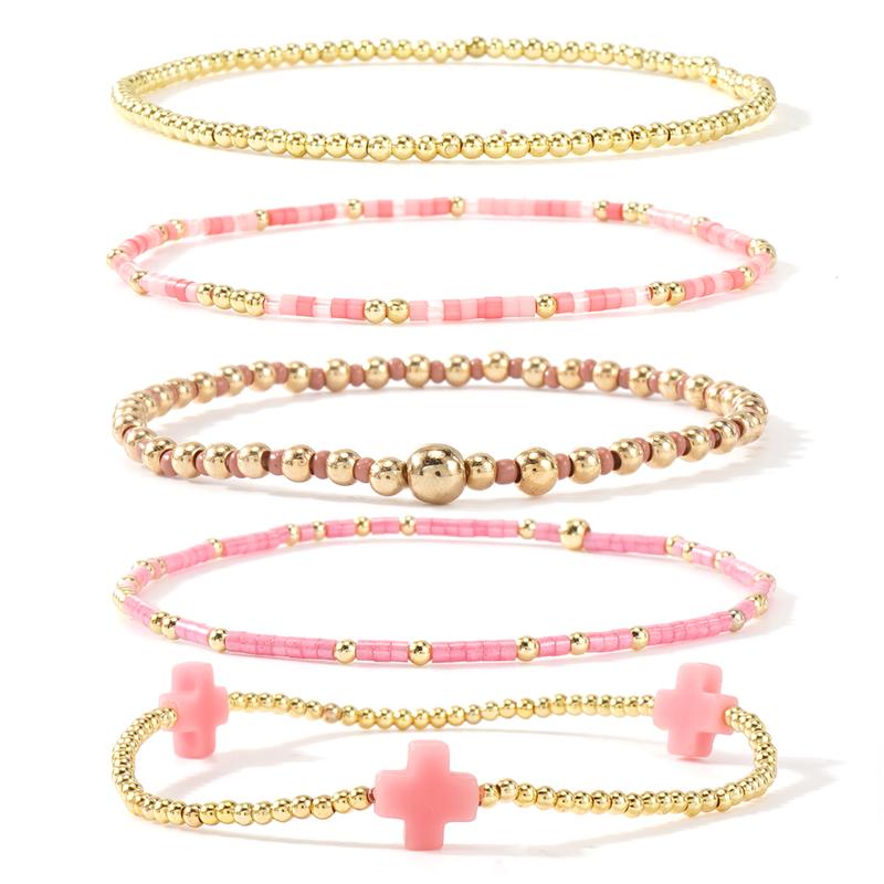 SHINUS BOHO Bracelet Stack for Women, 5-Piece Bohemian Layered Set with Colorful African Vinyl Beads and Gold-Plated Cross Charm, Stretch Beach Jewelry, Jewelry For Women, Teenage Girls Gifts, Beach Wear, Wrist Stack, Fashion