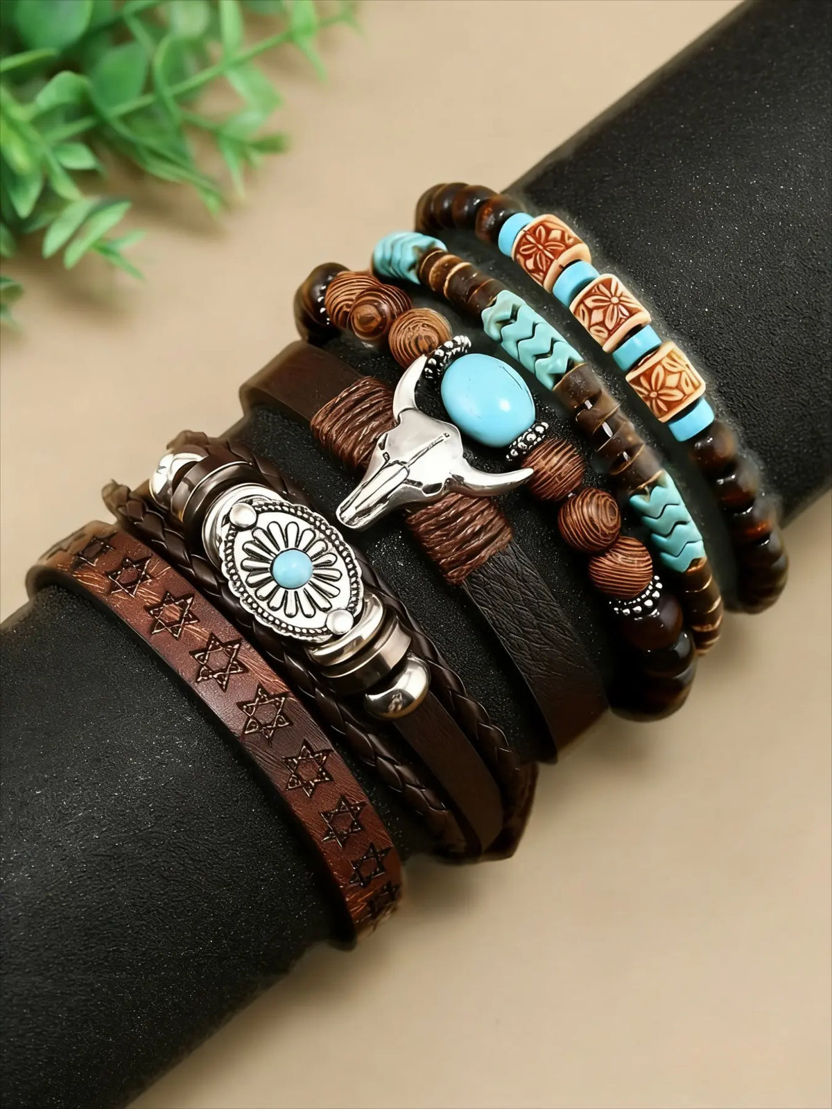 6-Piece Brown Classic Bull's Head and Sunflower Bracelet Bundle Set, Adjustable and Bracelets, Perfect for Parties, Western-Themed Events and Music Festivals, Ideal Gift for Friends