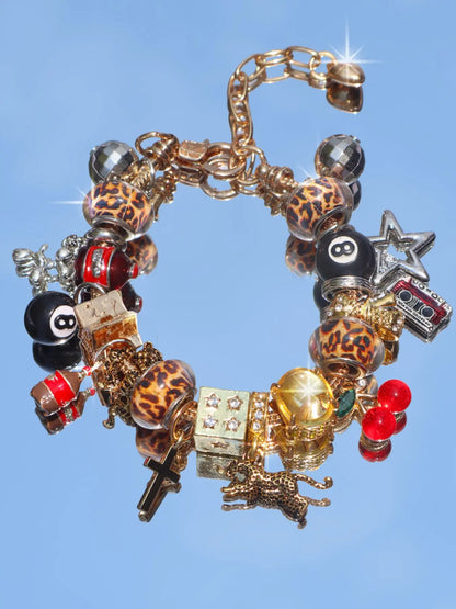 Unique Leopard Print Charm Bracelet, Cherry & Cross & Ball Pendant Bracelet, Music Festival Bracelet, Durable Beaded Bracelet, Creative Eye-Catching Bracelet, Trendy Jewelry