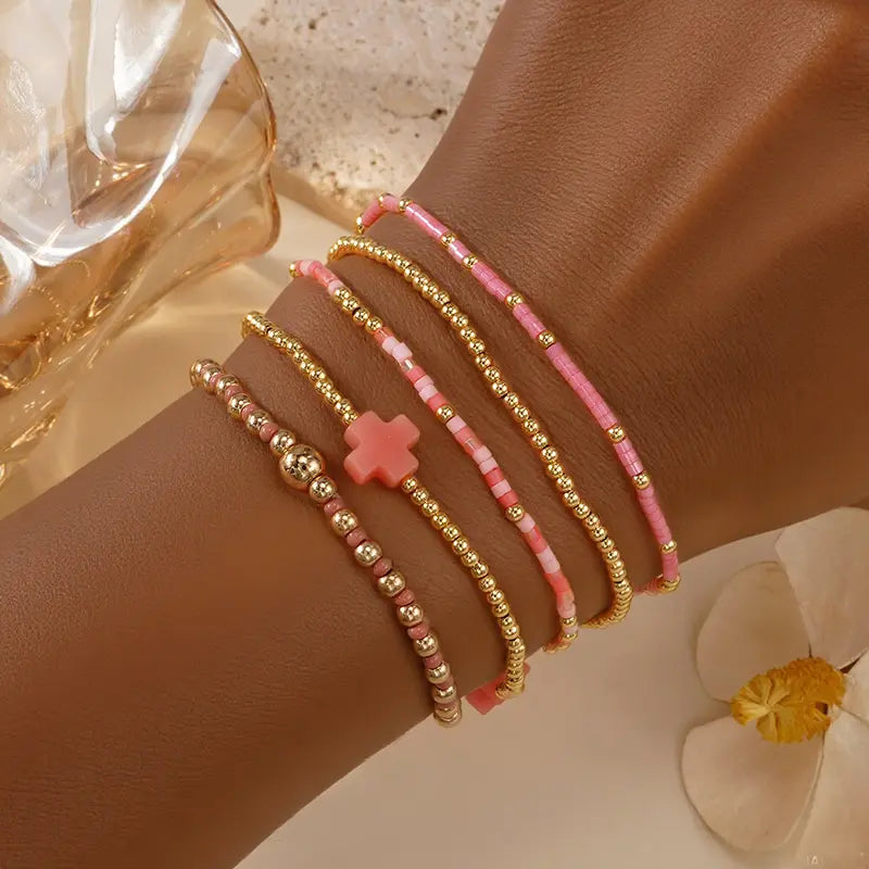 SHINUS BOHO Bracelet Stack for Women, 5-Piece Bohemian Layered Set with Colorful African Vinyl Beads and Gold-Plated Cross Charm, Stretch Beach Jewelry, Jewelry For Women, Teenage Girls Gifts, Beach Wear, Wrist Stack, Fashion
