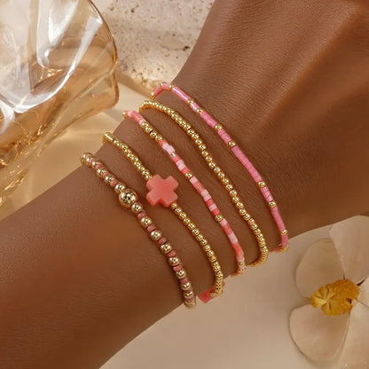 SHINUS BOHO Bracelet Stack for Women, 5-Piece Bohemian Layered Set with Colorful African Vinyl Beads and Gold-Plated Cross Charm, Stretch Beach Jewelry, Jewelry For Women, Teenage Girls Gifts, Beach Wear, Wrist Stack, Fashion