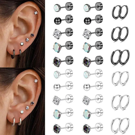 8 Pairs Surgical Steel Earrings for Sensitive Ears Hypoallergenic 20G Stainless Steel Stud Hoop Earrings for Women Men Small Opal Ball CZ Surgical Steel Flat Back Earrings Cartilage Earrings Hoop Stud