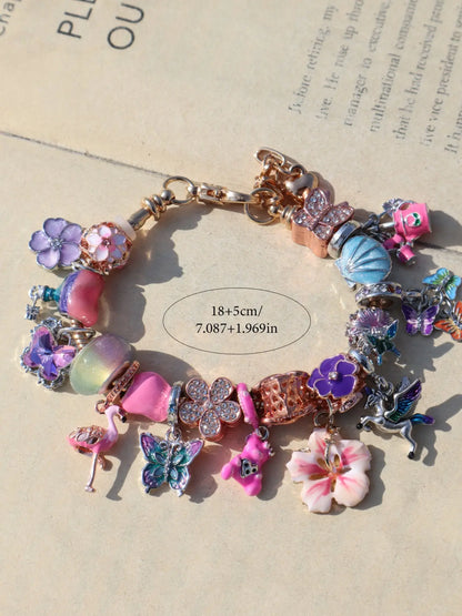 Summer Floral and Butterfly Charm Bracelet, DIY Bear Firebird Shell Charm Bracelet, Beach Vacation Jewelry, Unique Handmade Accessory, Butterflies Bracelet