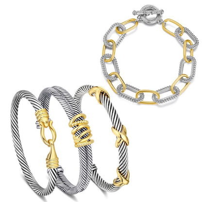 Aprilery Trendy 4PCS Twisted Adjustable Cable & Chain Link Jewelry Arm Candy Set – Stackable Knot & Hook Turquoise Bangle Bracelets for Women Perfect Everyday Jewelry Gold & Silver Bracelets