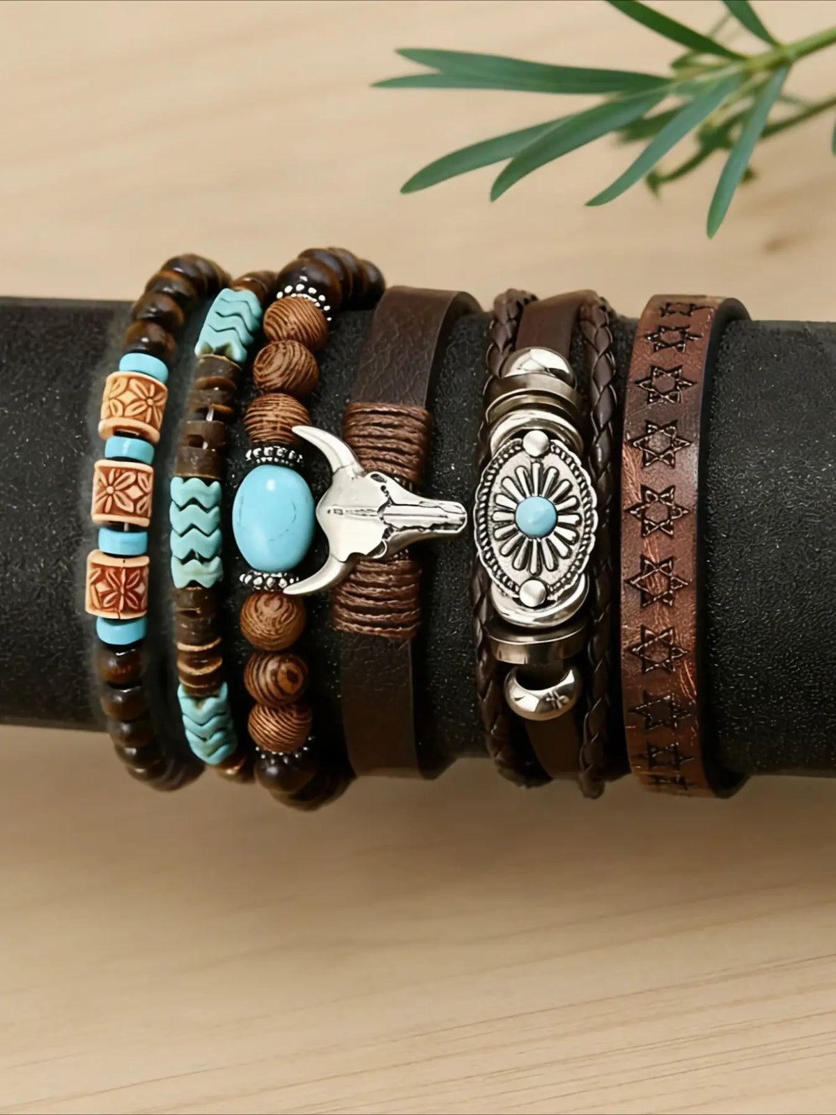 6-Piece Brown Classic Bull's Head and Sunflower Bracelet Bundle Set, Adjustable and Bracelets, Perfect for Parties, Western-Themed Events and Music Festivals, Ideal Gift for Friends