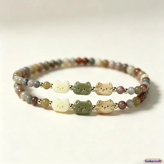 Women's Handmade Viral Cute Cat Beaded Charm Bracelet - Dainty Glass Whimsical Accessory, Beaded Stack, Bracelets for Women, Girly Feminine Items, Womens Gifts, Cute Girly Gifts for Everyday Wear