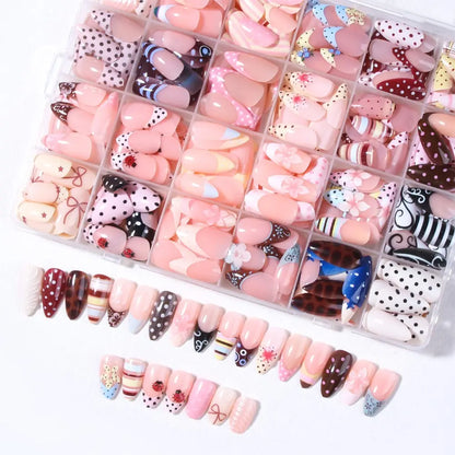 624pcs Almond Press-On Nails Set, French Style, Polka Dot, Striped, Ladybug Design, Acrylic, Summer Nail Art, 24 Mixed Styles, Fake Nails
