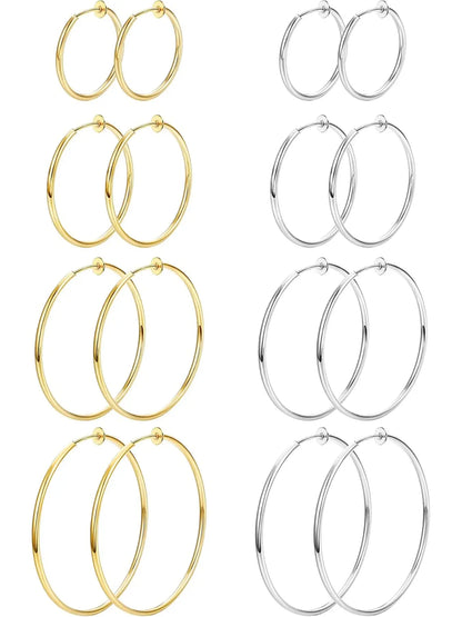 8 Pairs Clip-on Hoop Earrings, Casual Earrings Set, Stainless Steel Clip-on Earrings for Women, Fake Hoops for Non-pierced Ears, Spring Design Trendy Jewelry, Fashionable Jewelry Accessories, Non Piercing Earrings
