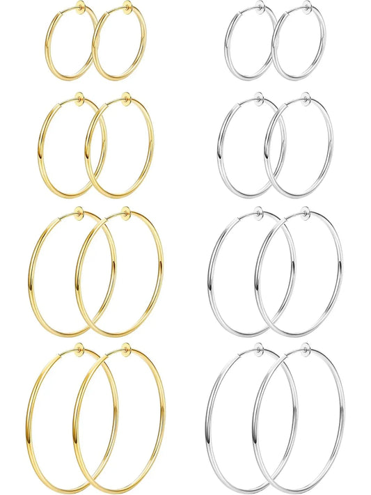 8 Pairs Clip-on Hoop Earrings, Casual Earrings Set, Stainless Steel Clip-on Earrings for Women, Fake Hoops for Non-pierced Ears, Spring Design Trendy Jewelry, Fashionable Jewelry Accessories, Non Piercing Earrings