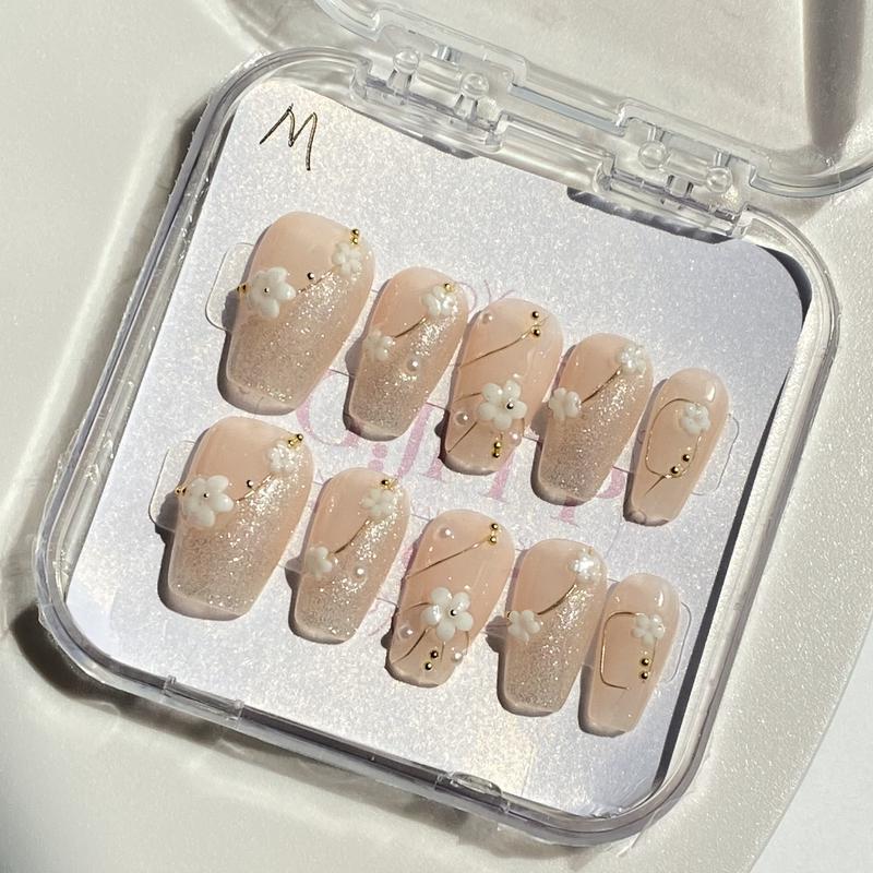 10Pcs Handmade Press On Nails Reusable Medium Handmade Acrylic Press Nails New Summer Collection, Cute Elegant Luxury Cat Eye Design, Ocean Inspired, High Quality Soft Sophisticated Look for Women Nail Art