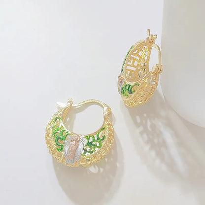 Women's Jewelpop Gold-Plated Floral Hoop Earrings - Enamel Rose, Hollow Design, Vintage Bohemian Costume Jewelry