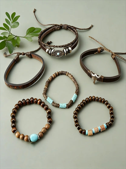 6-Piece Brown Classic Bull's Head and Sunflower Bracelet Bundle Set, Adjustable and Bracelets, Perfect for Parties, Western-Themed Events and Music Festivals, Ideal Gift for Friends