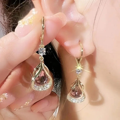 Women's Gold-Toned Cubic Zirconia Teardrop Earrings - 1 Pair Alloy Pendant Accessories for Adult Females, Bedazzled Sparkle Crystalized Glitter Styles, Pink & Transparent Stones, Layered Dangling Party Jewelry, Accessories Adults Female, Bedazzled Sparkle