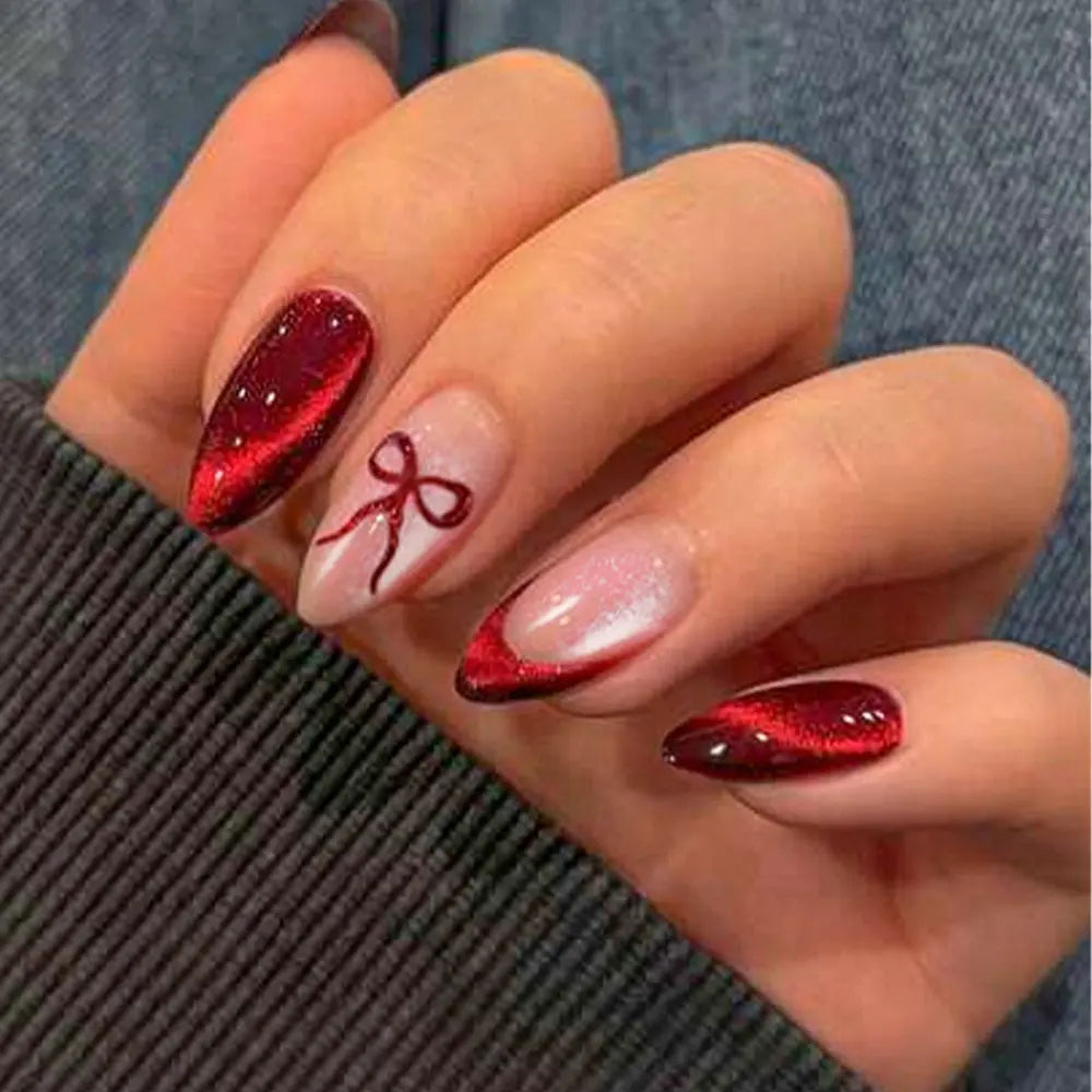 24pcs Long Almond Press-On Nails, Nude Cat Eye, French Tip, Butterfly Design, Acrylic, Includes Jelly Glue and Nail File, Fall Winter Essential
