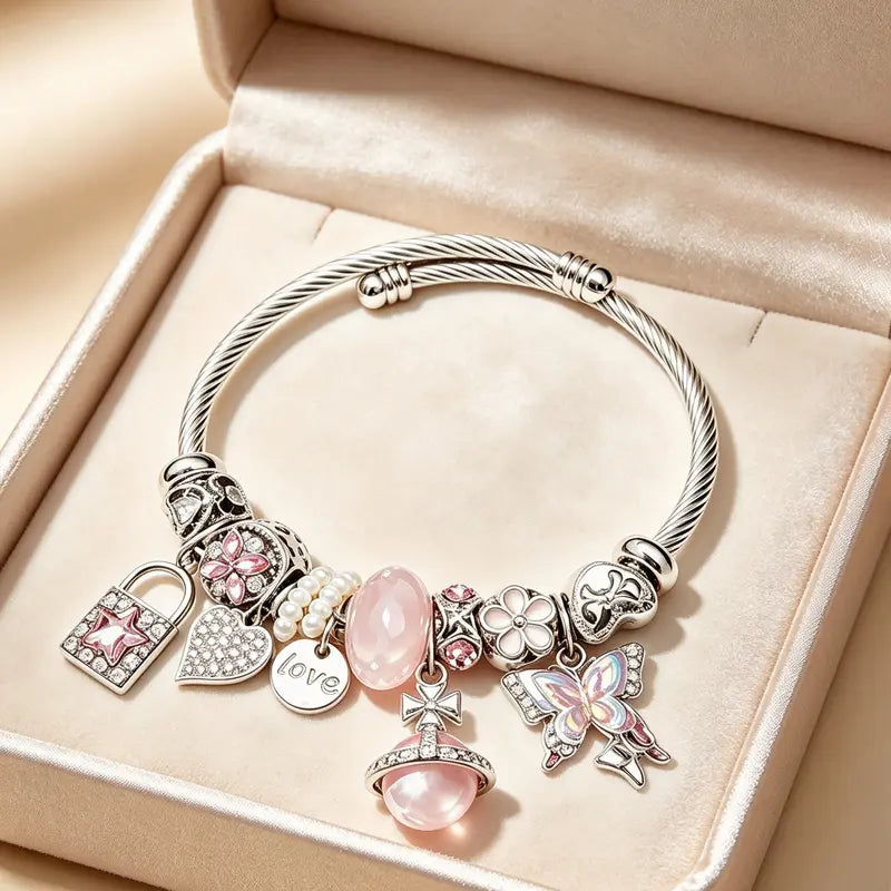 Dreamy Pink Crystal Butterfly Lock Bangle | Sweet Charm Bracelet, Romantic Girly Accessory