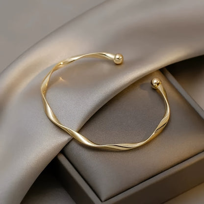 1pc Vintage Golden Silver Twisted Wave Bangle Elegant Simple Open Bracelet with Ball Ends Delicate Metal Wrist Jewelry Accessories for Women