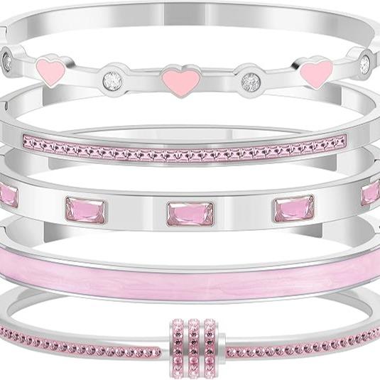 5PCS Elegant Fashion Bangle Bracelet Set Stackable Gold Bangle Bracelet Set for Women - Fashionable Eternal Lightweight Bangle with Pink Friendship & Love Heart Bracelet Jewelry Gift for Her for Parties, Gatherings and Birthday Gifts