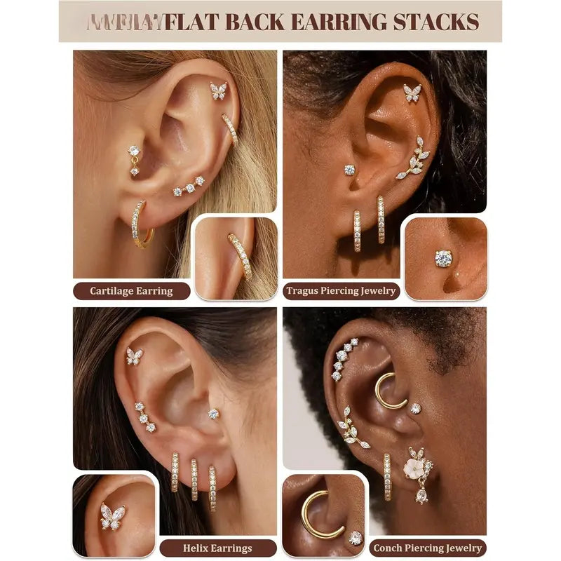 Trendy 12 pairs Hypoallergenic Cartilage Earrings for Women,Flat Back Earring Stacks,Stainless Surgical Steel,Sensitive Ears,Flatback Stud,Hoop,Earring Set,Tragus Conch Daith Helix Piercing Jewelry