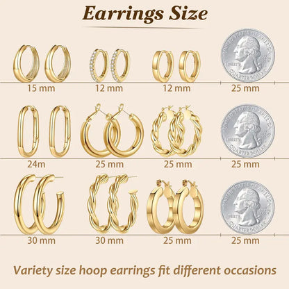 Turandoss 9 Pairs Gold Hoop Earrings for Women, Hypoallergenic Thick Lightweight Earring, 925 Sterling Silver Post 14K Real Gold Plated Chunky Hoop Earrings Set for Women for Jewelry Gifts