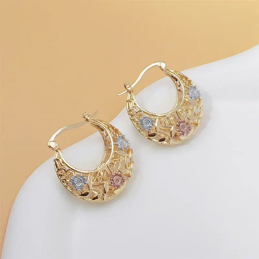 Women's Vintage Flower Hoop Earrings - 14 Karat Gold Plated Tri-Color Filigree Basket Design Costume Jewelry for Daily Wear & Gifting, Earrings For Women