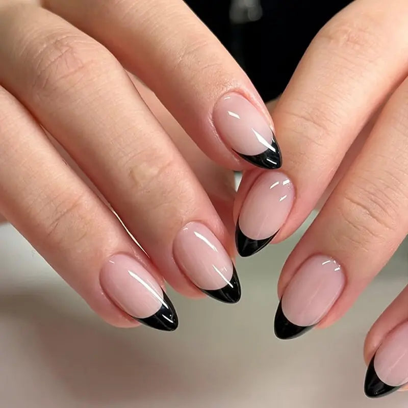 30PCS Black and Nude French Tip Press-On Nails, Polished Almond Shape Set Including Glue Tabs & Nail File, Press-On Wear Ready for Daily Wear, Wedding