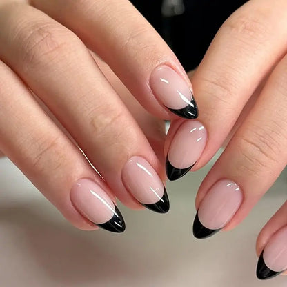 30PCS Black and Nude French Tip Press-On Nails, Polished Almond Shape Set Including Glue Tabs & Nail File, Press-On Wear Ready for Daily Wear, Wedding