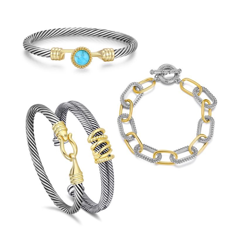 Aprilery Trendy 4PCS Twisted Adjustable Cable & Chain Link Jewelry Arm Candy Set – Stackable Knot & Hook Turquoise Bangle Bracelets for Women Perfect Everyday Jewelry Gold & Silver Bracelets