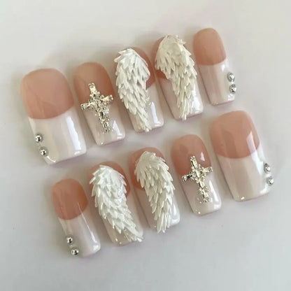 Angel Wing French Tip Press On Nails, White Cross Charm Handmade Fake Nails, Luxury 3D Feather Bridal Coffin Nail Set