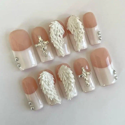 Angel Wing French Tip Press On Nails, White Cross Charm Handmade Fake Nails, Luxury 3D Feather Bridal Coffin Nail Set