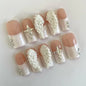 Angel Wing French Tip Press On Nails, White Cross Charm Handmade Fake Nails, Luxury 3D Feather Bridal Coffin Nail Set