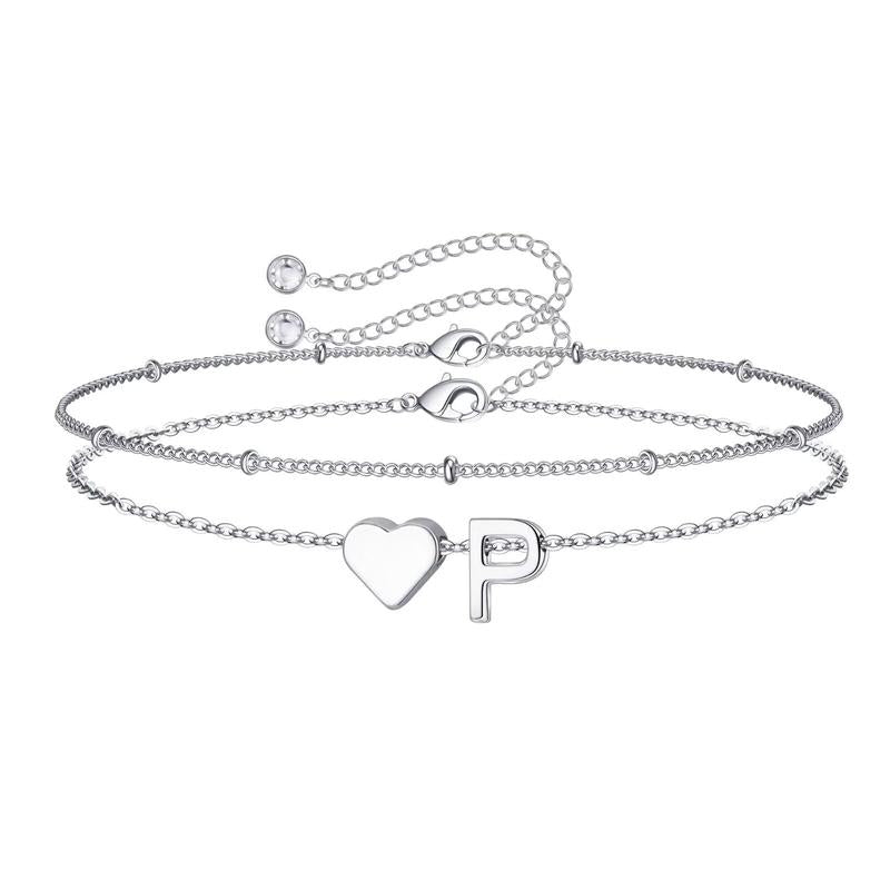 Women's Layered Heart Initial Bracelet Sets - Adjustable Heart, Letter Link, Exquisite Fashion Costume Jewelry Accessories, Birthday Christmas Gifts, Princess Charm Bracelets & Bangles,GF Gift Jewelry for Women TikTokShopFallDealsForYou