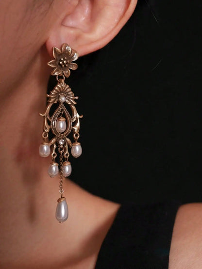 Vintage Palace Style Pearl Embellished Fringe Long Dangly Earrings, Dangle Earring, Elegant Ancient Style Women's Party Vacation Unique Earrings, Pair Earrings Jewelry
