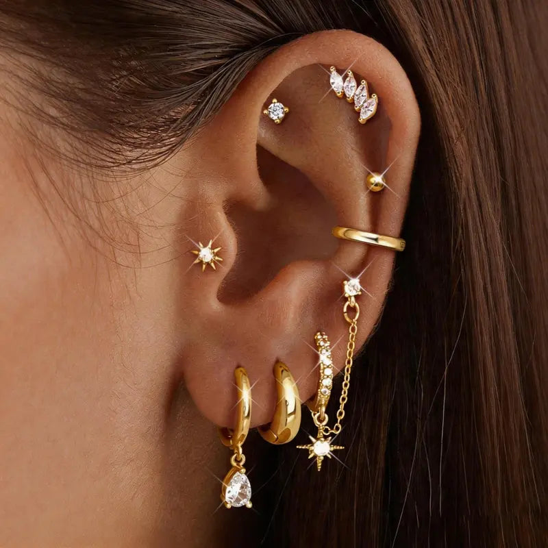 CASSIECA 8Pairs Earrings Stack Set for Women Gold Plated Hypoallergenic Chain Cartilage Pieces Silver Huggie Hoop Studs for Multiple Piercings Lightweight Jewelry For Women Sohochic