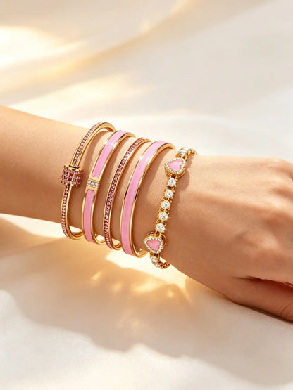 5Pcs Pink Enamel Gold Bangle Bracelet Set Stacking Bangle Bracelet Sparkly Rhinestone Heart Stackable Bracelets Fashion Women Jewelry For Party Daily Wear Gift For Her