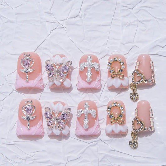 Nailssbysheccid, 10pcs press-on nails, Glitter decorative nails, Duckbill, Y2K style, French style, 3D, suitable for dates, weddings, comes with jelly glue, crystal sticks, Press On Sets