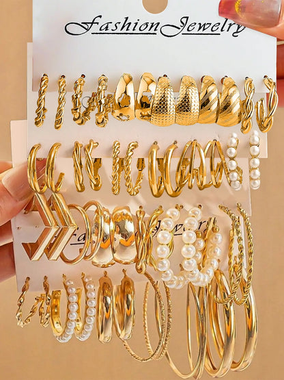 48pcs Women's Bohemian Geometric Earring Set with Imitation Pearls, Faux Pearl and Hollow Flower Design, Fashion Earrings, Stylish Jewelry for Daily Wear and Parties