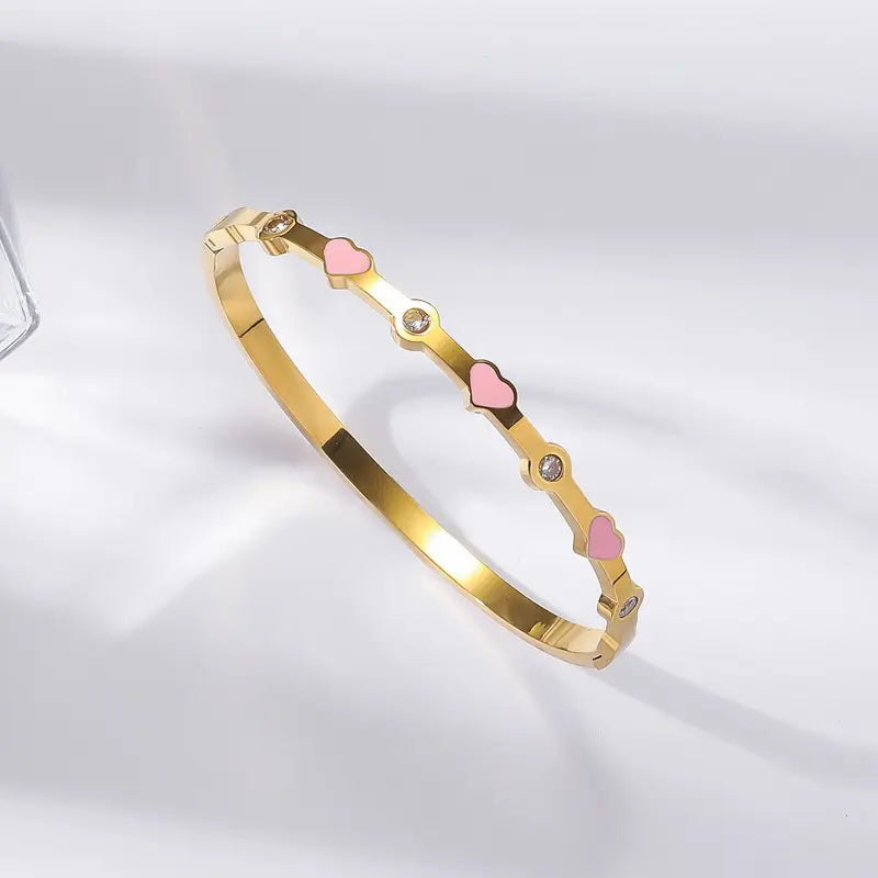 5PCS Elegant Fashion Bangle Bracelet Set Stackable Gold Bangle Bracelet Set for Women - Fashionable Eternal Lightweight Bangle with Pink Friendship & Love Heart Bracelet Jewelry Gift for Her for Parties, Gatherings and Birthday Gifts