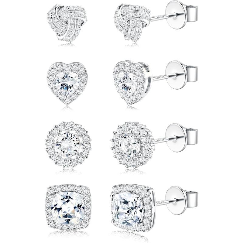 4 Pairs Trendy Sterling Silver CZ Stud Earrings for Women 14K Waterproof Gold Plated Brilliant Celtic Heart Big Stud Earrings Set Cubic Zirconia Earrings Studs for Sensitive Ear, Heart Shaped Earrings, Artificial Zirconia Earrings, Jewelry For Women