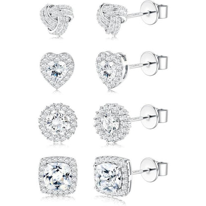 4 Pairs Trendy Sterling Silver CZ Stud Earrings for Women 14K Waterproof Gold Plated Brilliant Celtic Heart Big Stud Earrings Set Cubic Zirconia Earrings Studs for Sensitive Ear, Heart Shaped Earrings, Artificial Zirconia Earrings, Jewelry For Women