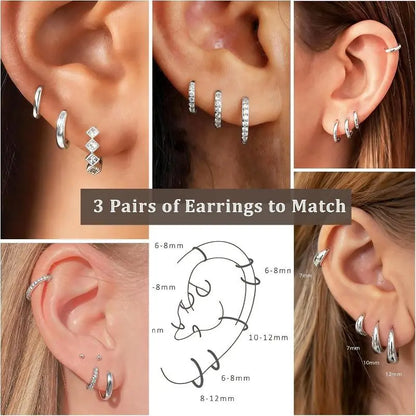Women's 3-Pairs 925 Silver Huggie Hoop Earrings Set - Hypoallergenic Mini Multi-Stud Stacked Piercing Jewelry for Casual Daily Ear Stacking, High Quality Silver Tone Accessories for Adults Female, All Seasons Fashion Piece
